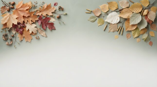 Autumn leaves and acorns arranged in corners on light background