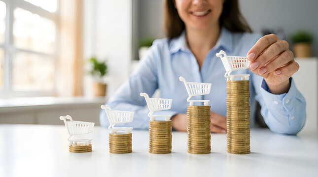 Businesswoman placing a small shopping cart on a stack of coins, representing rising costs, inflation, and increasing consumer prices