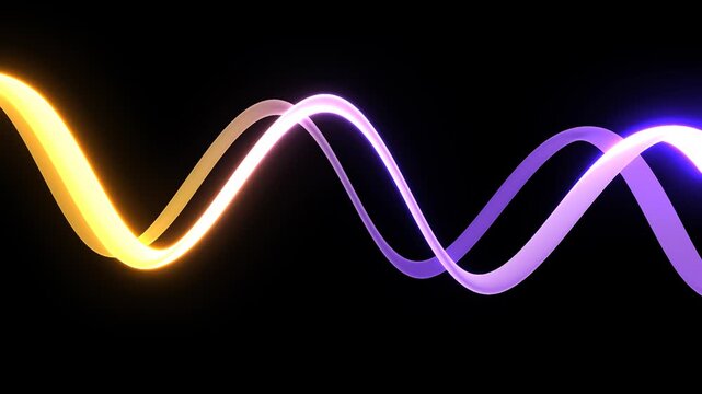 Abstract 3D neon wave ribbon flowing continuously with a luxurious gold and violet gradient, glowing energy crest and smooth sinusoidal motion on a dark background, seamless loop.