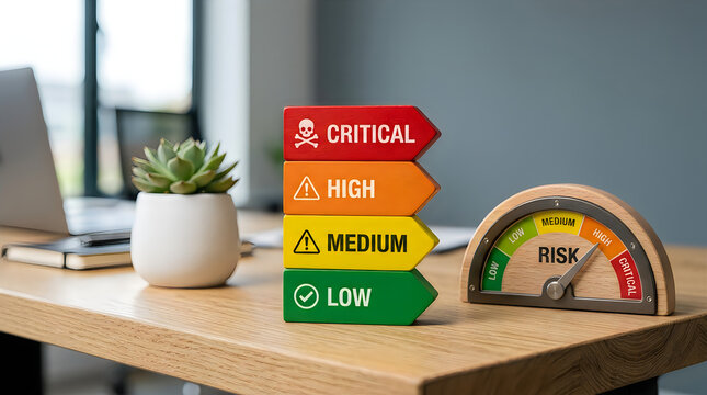 Risk assessment concept with colorful wooden blocks and a gauge meter on a wooden office desk