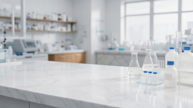 Modern Empty Marble Laboratory Countertop with Glassware and Blurred Scientific Research Facility Background