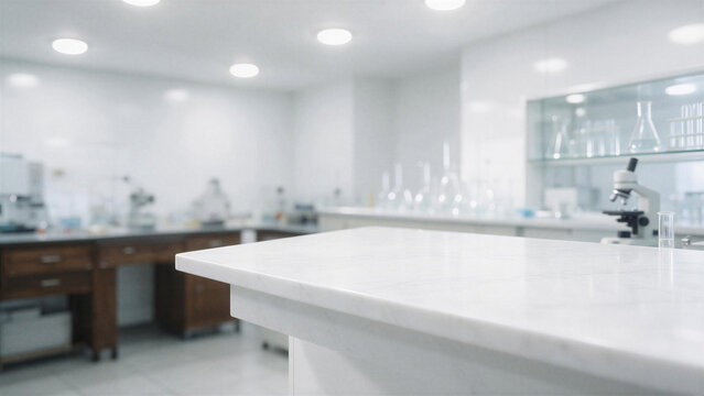 Empty White Marble Tabletop in Blurred Modern Scientific Research Laboratory Background for Product Placement Display