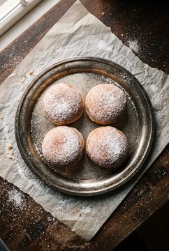 Powdered Hanukkah Sufganiyot on Silver Tray