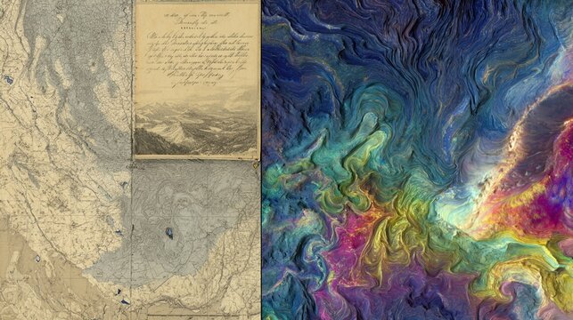 A captivating split-screen image contrasting a historic topographical map of a mountainous region with a vibrant, abstract representation of magnetic mapping, showcasing the evolution from traditional