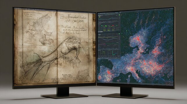 A split-screen visualization on two large monitors featuring an antique illustration of a fish and a modern data graph analysis, showcasing a juxtaposition of past and present technology with a creati