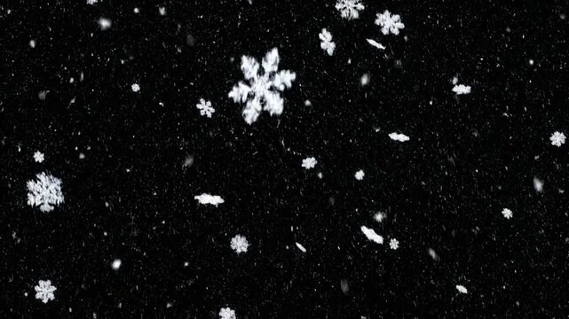Gentle snowfall against a dark night sky with subtle bokeh effects and copy space for winter themes