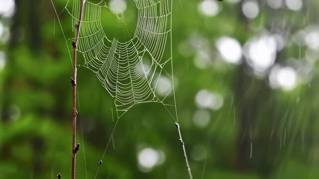 Delicate spider web covered with morning dew drops in green forest, close up nature scene with soft bokeh background, fragile cobweb texture, peaceful woodland atmosphere, freshness and natural wildli