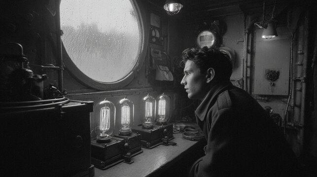 A tense atmospheric scene depicting a young man in a vintage radio room aboard the ship Iberia, gazing pensively out of a rain-soaked round window, surrounded by vintage radio equipment and soft light