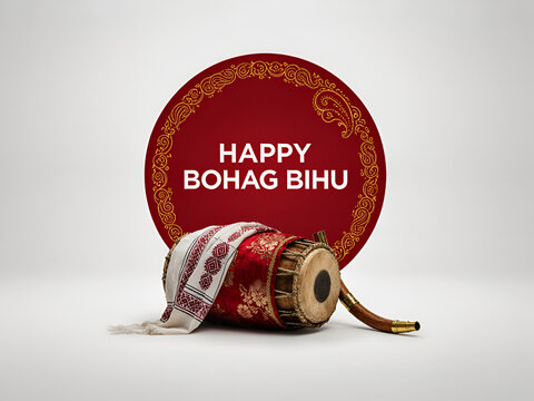 Elegant Happy Bohag Bihu Festival Greeting with Traditional Assamese Dhol and Gamosa