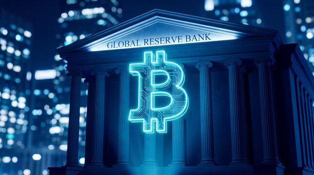 A glowing digital currency symbol floats in front of a grand neoclassical bank building at night, 8k image