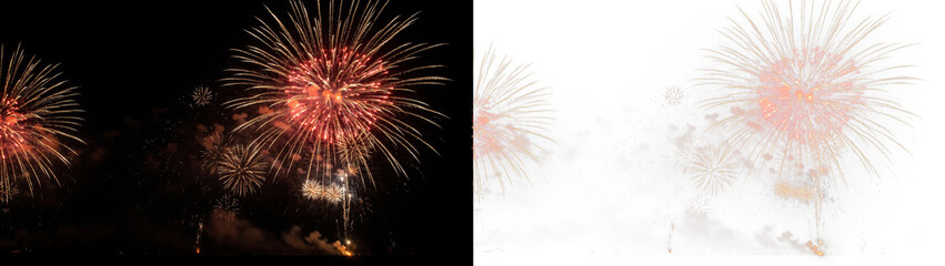 Obraz premium Vibrant fireworks display lighting up the night sky with brilliant red and golden sparks during a festive celebration isolated on transparent background