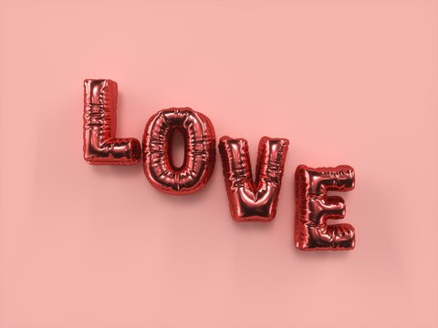 Red foil love balloon letters on pink background