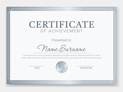 Elegant Silver Diploma with Decorative Border, Achievement Title and Silver Award Seal. Vector Certificate Template. Horizontal Format
