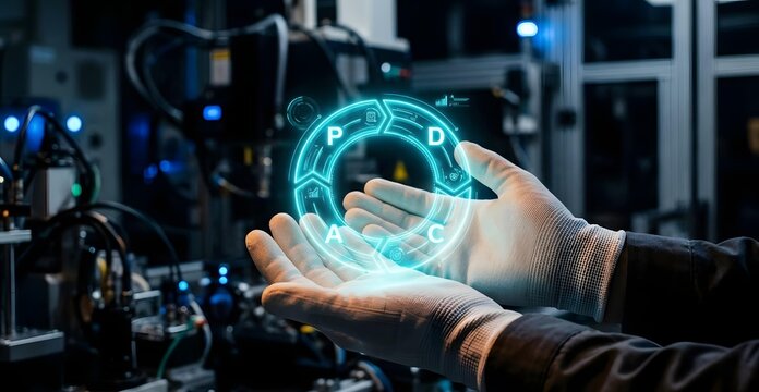 Engineer holding holographic PDCA cycle diagram in smart factory, continuous improvement concept