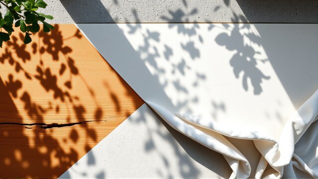 Light casts shadows from foliage onto wall surfaces. Warm tones contrast with bright whites, creating abstract patterns. Minimalist composition.