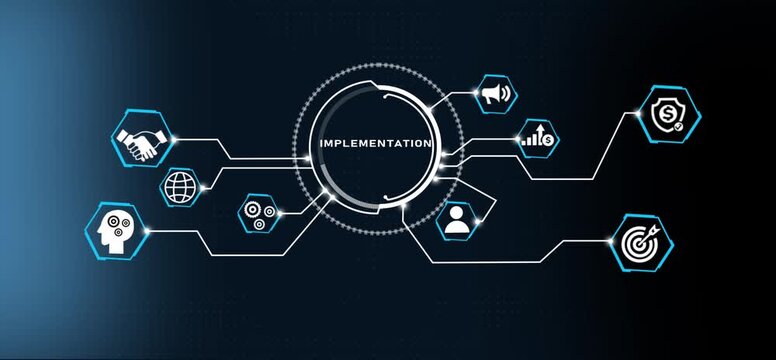 IMPLEMENTATION concept. Finacial success concept on virtual screen. Business, technology, internet and networking concept.3d illustration