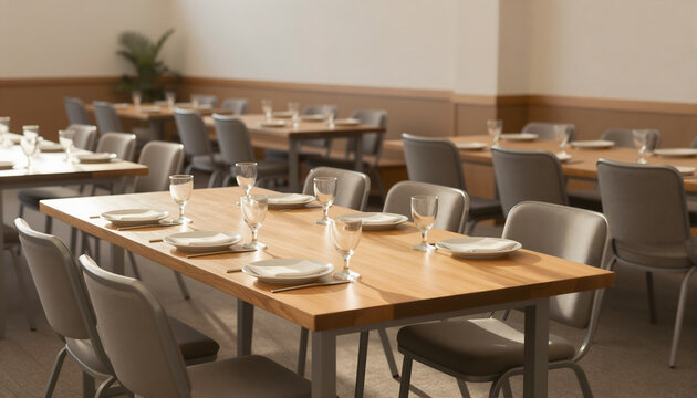 Wooden dining tables set with plates and cups in a church hall.