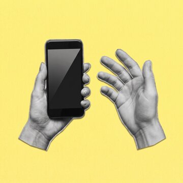 Hand holds a blank smartphone screen while another hand reaches toward it representing communication technology and digital connection concept. Collage art.