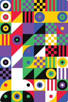 Colorful geometric abstract pattern with squares circles and triangles in bright vivid colors Vector