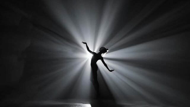Silhouette of ballerina dancing in dramatic spotlight rays on dark stage, graceful ballet dancer performing elegant pose, artistic theater performance, dance movement, freedom, emotion and creative st