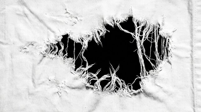 Close up of a ripped hole in white cotton fabric with tangled frayed threads and a dark opening against a light textured background.