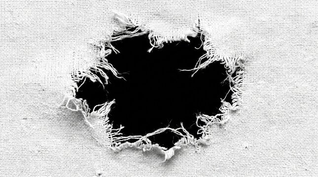 Close up of a ripped hole in white cotton fabric with tangled frayed threads and a dark opening against a light textured background.