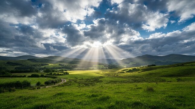 Sunbeams breaking through dramatic clouds over rolling green hills and fields.