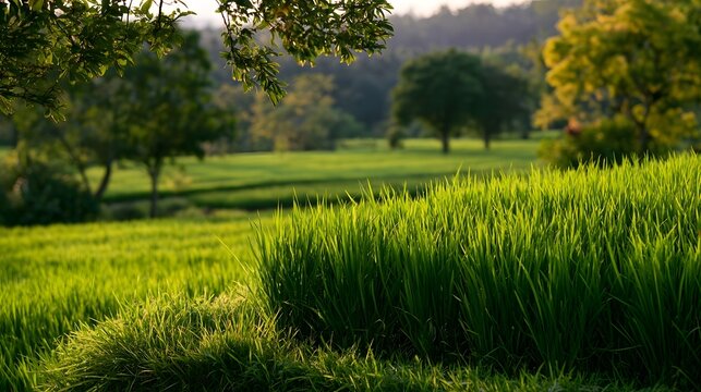 Lush green grass field with trees in background under warm sunlight  peaceful countryside landscape