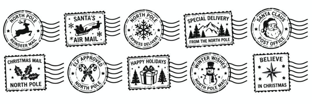 Vintage Christmas postage stamps, set of 10 North Pole rubber mail marks, retro holiday postmark vectors for cards