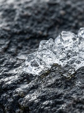 Close up of ice crystals forming on a dark rough rock surface.
