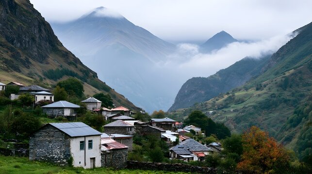 A serene mountain village nestled in a valley with mist covered peaks and stone houses surrounded by green hills