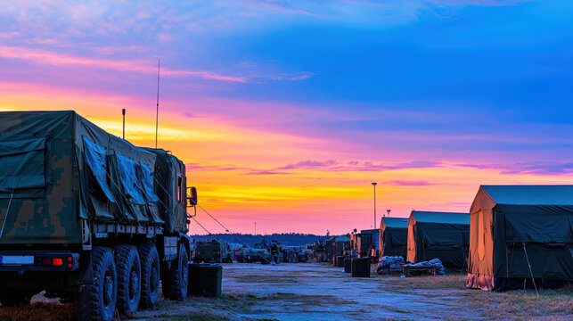 Panoramic view of military vehicles and tents at sunset, showcasing vibrant colors in sky and serene atmosphere