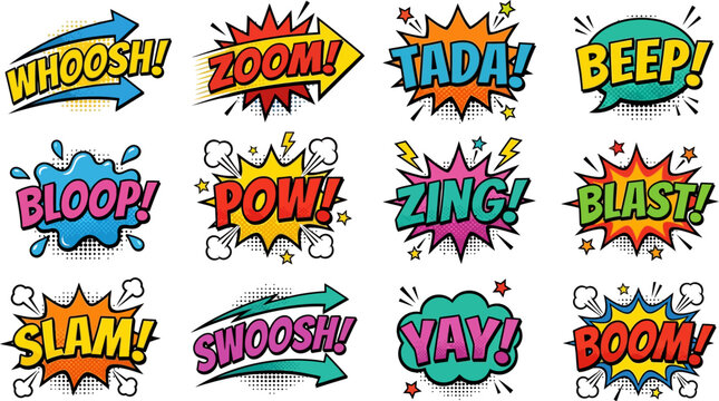 Colorful comic sound effect lettering collection featuring WHOOOSH ZOOM TADA BEEP BLOOP POW ZING BLAST SLAM SWOOSH YAY and BOOM