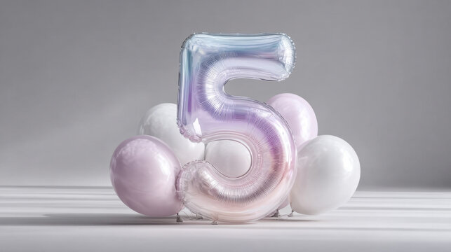 Iridescent number five balloon with pastel balloons on gray background