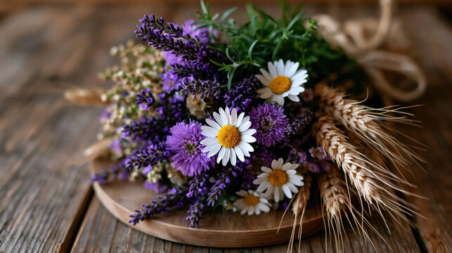 Seasonal garden bouquet with wheat, lavender and herbs for rustic home decor centerpiece and natural background for farmhouse arrangement and floral design