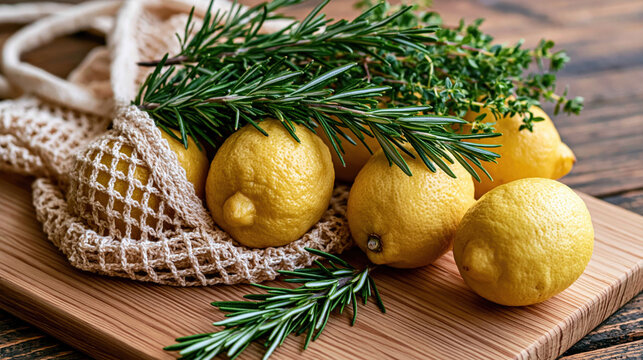 Fresh lemons with rosemary and thyme in a crocheted string bag on a wooden cutting board for kitchen background and recipe banner
