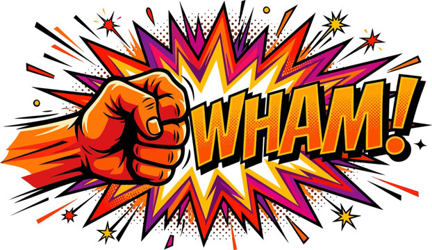 Comic style fist punch illustration with bold WHAM typography, explosive burst background, dynamic motion lines, halftone accents, retro pop art