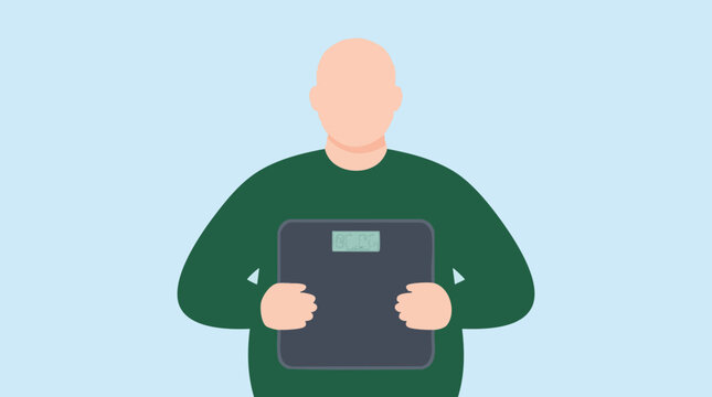 Illustration of an overweight person holding a digital weighing scale