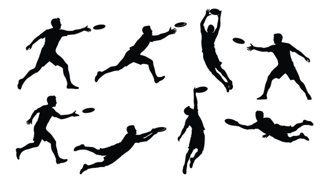 Athletic silhouettes showing ultimate frisbee players in dynamic motion catching and throwing plastic discs across a clean white background scene