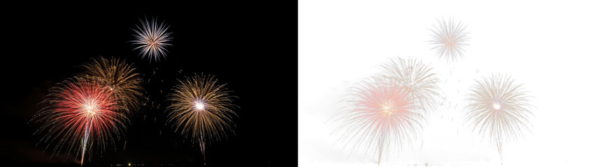 Fototapeta premium Beautiful colorful fireworks display in the night sky, vibrant explosions of light and sparks for celebration, holiday, new years eve, or independence day festivities isolated on transparent backgroun