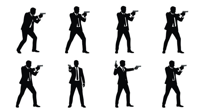 Professional male silhouettes wearing suits and holding pistols while performing various tactical combat poses on a clean white isolated background