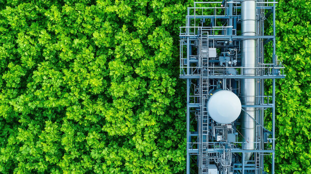 Aerial view of industrial equipment surrounded by lush green foliage, showcasing contrast between technology and nature