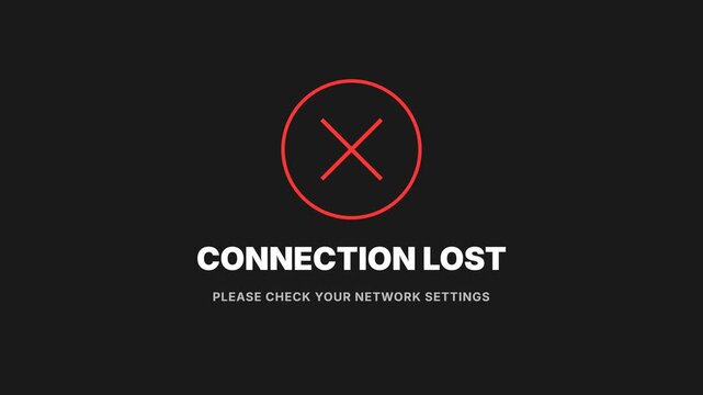 Connection lost error message, red cross icon on black background, text display, seamless loop, symbolizing network failure and communication disruption