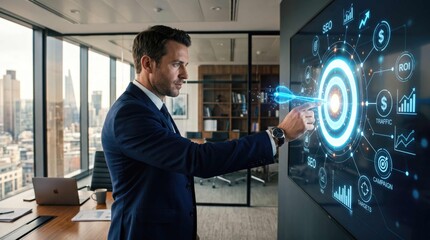 Fototapeta premium Businessman Interacting with Futuristic Digital Interface Displaying Financial Data and Target.