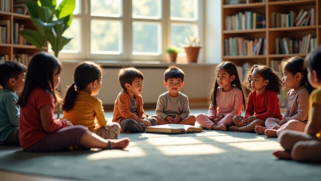 Wide multilingual storytime circle at library, diverse children listening to reader from different culture, soft carpet seating, warm indoor afternoon light