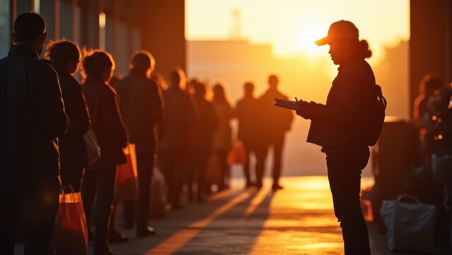 Wide community food bank line at dawn, diverse residents waiting patiently with reusable bags, volunteer silhouette checking clipboard, cool morning light with warm entrance glow