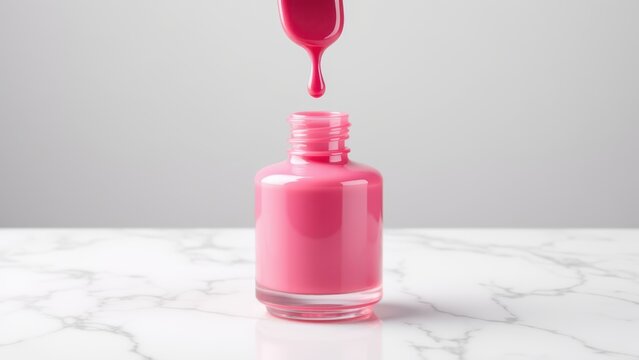 Wide nail polish bottle being opened, brush lifting with glossy colour dripping slowly, pale marble surface extending behind, cool bright studio light