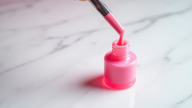 Wide nail polish bottle being opened, brush lifting with glossy colour dripping slowly, pale marble surface extending behind, cool bright studio light