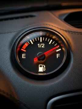 Close-up of a Car Fuel Gauge Showing a Full Tank with Red Needle and Illuminated Dashboard Icons