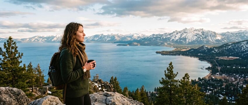Woman enjoying a scenic view of a vast lake and snowcapped mountains from a rocky overlook.